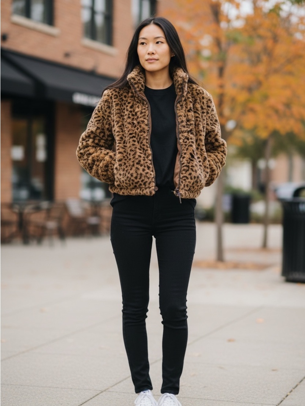 Timing Leopard-Print Cropped Faux-Fur Jacket in Brown Black